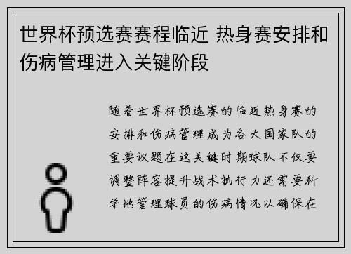 世界杯预选赛赛程临近 热身赛安排和伤病管理进入关键阶段 世界杯预选赛赛程临近 热身赛安排和伤病管理进入关键阶段