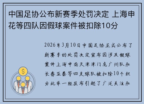中国足协公布新赛季处罚决定 上海申花等四队因假球案件被扣除10分 中国足协公布新赛季处罚决定 上海申花等四队因假球案件被扣除10分
